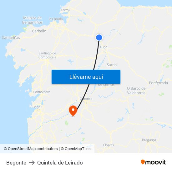 Begonte to Quintela de Leirado map