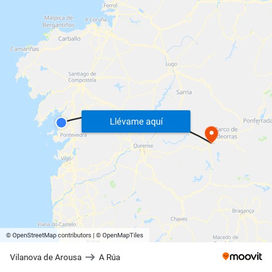 Vilanova de Arousa to A Rúa map