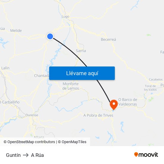 Guntín to A Rúa map