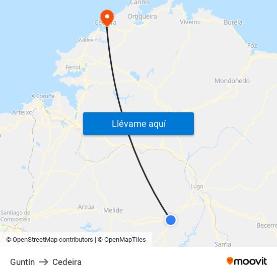 Guntín to Cedeira map