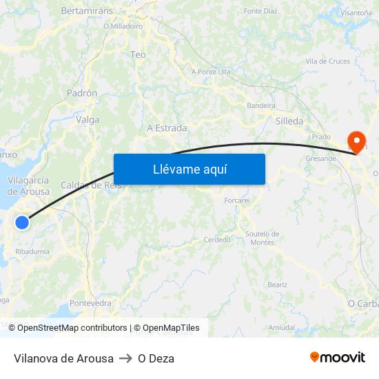 Vilanova de Arousa to O Deza map