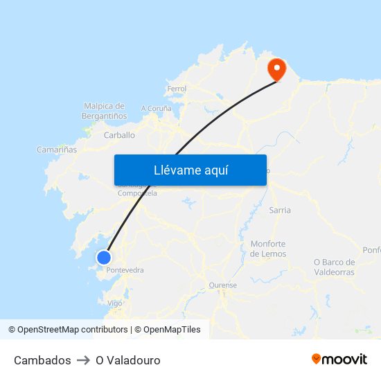 Cambados to O Valadouro map