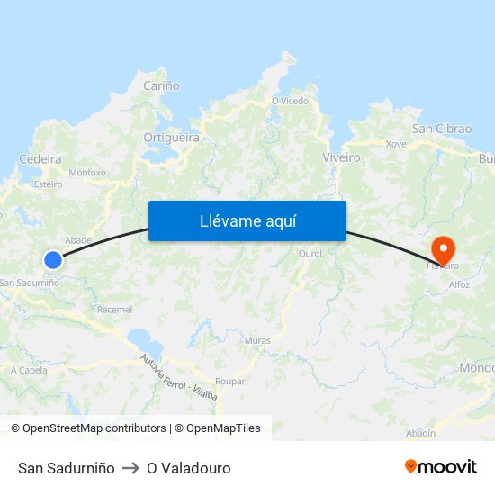 San Sadurniño to O Valadouro map