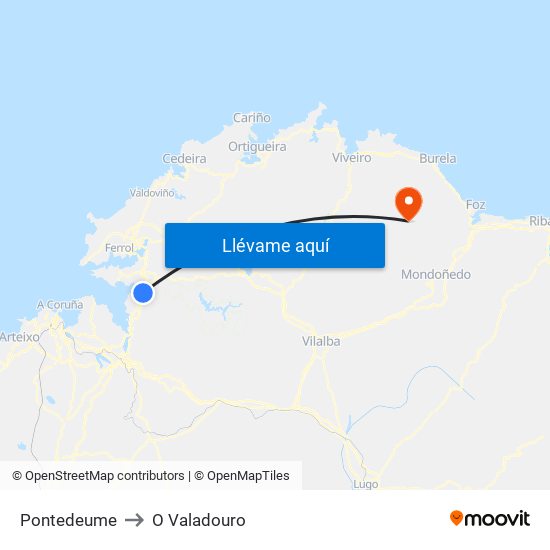 Pontedeume to O Valadouro map