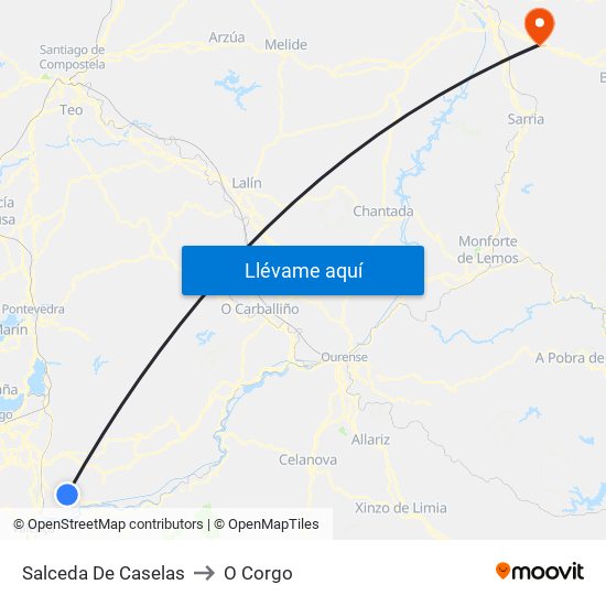 Salceda De Caselas to O Corgo map
