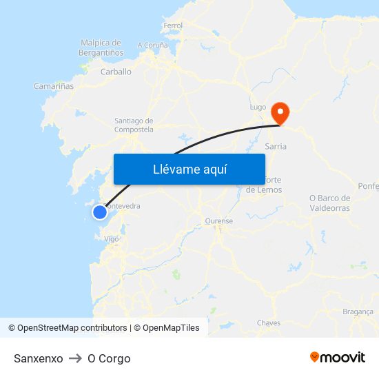 Sanxenxo to O Corgo map