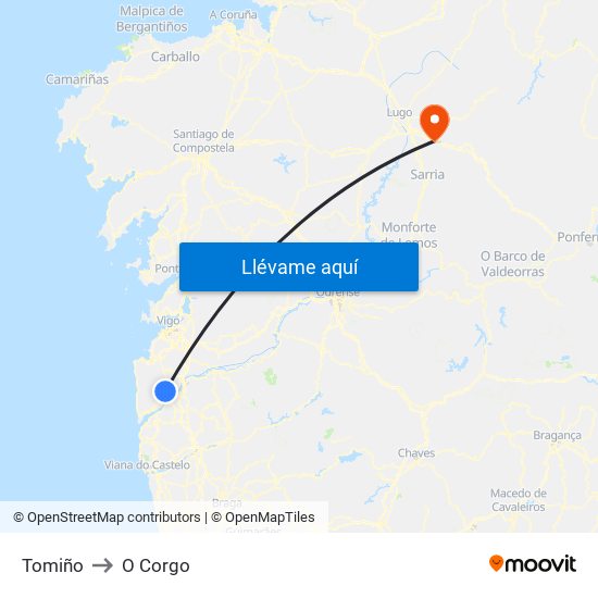 Tomiño to O Corgo map