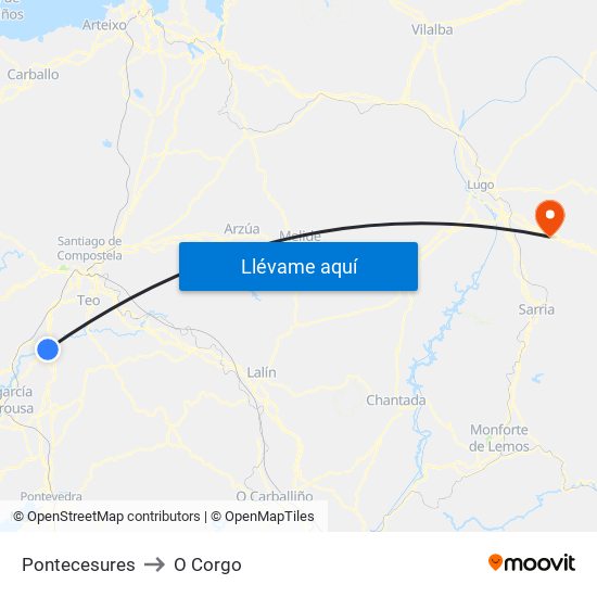 Pontecesures to O Corgo map