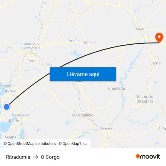 Ribadumia to O Corgo map