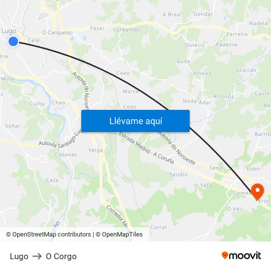 Lugo to O Corgo map