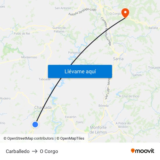 Carballedo to O Corgo map