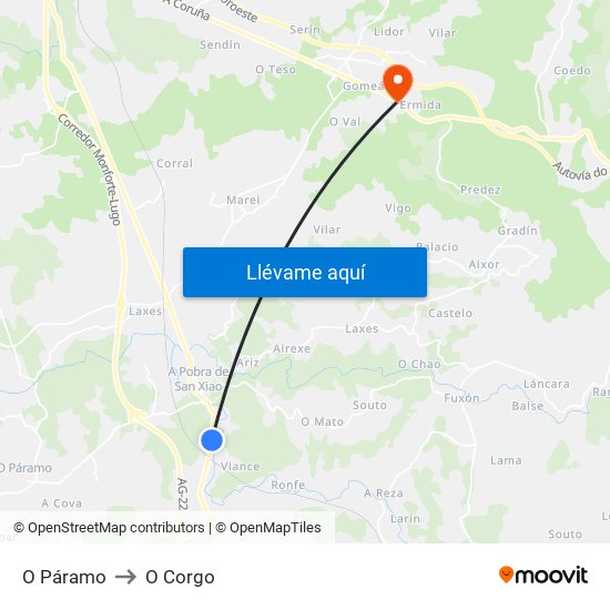 O Páramo to O Corgo map
