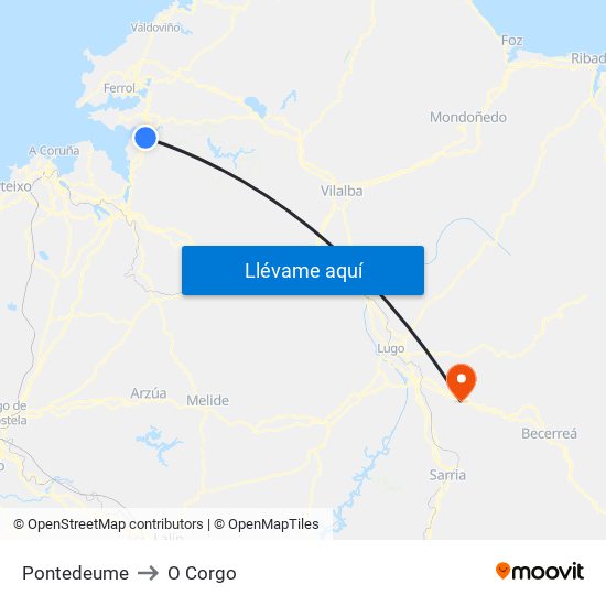 Pontedeume to O Corgo map