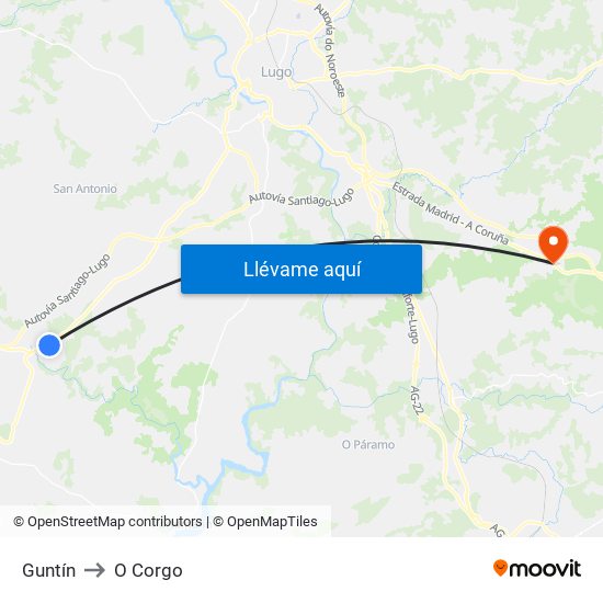 Guntín to O Corgo map