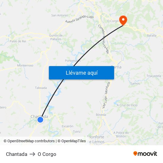 Chantada to O Corgo map