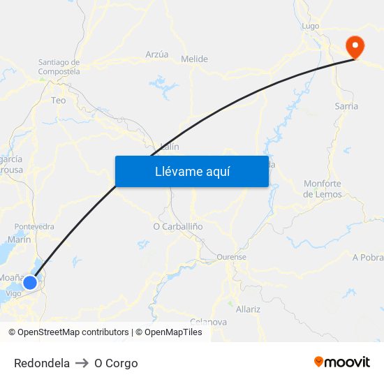 Redondela to O Corgo map