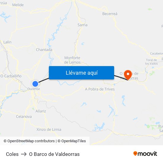 Coles to O Barco de Valdeorras map