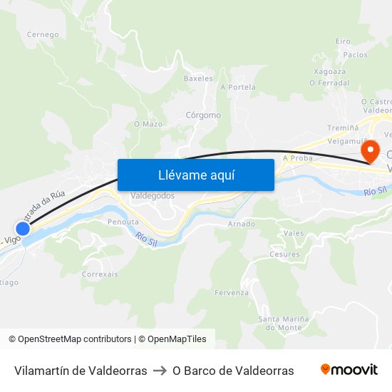 Vilamartín de Valdeorras to O Barco de Valdeorras map