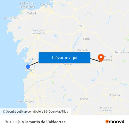 Bueu to Vilamartín de Valdeorras map