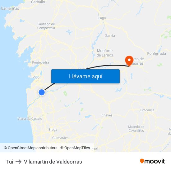 Tui to Vilamartín de Valdeorras map