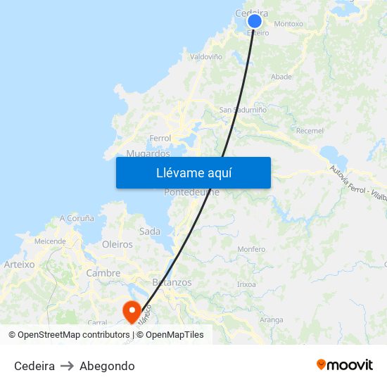 Cedeira to Abegondo map