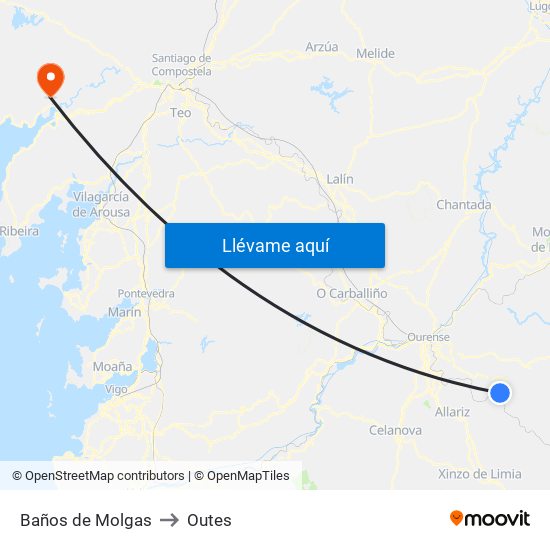 Baños de Molgas to Outes map
