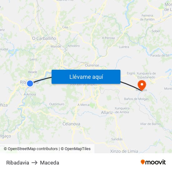 Ribadavia to Maceda map