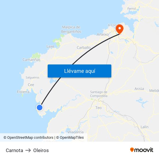 Carnota to Oleiros map