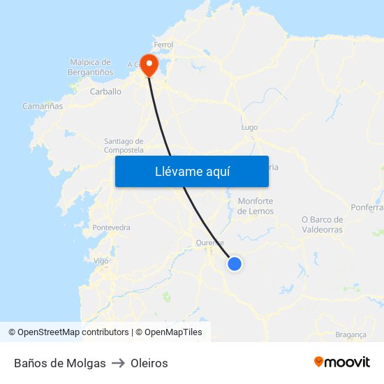 Baños de Molgas to Oleiros map
