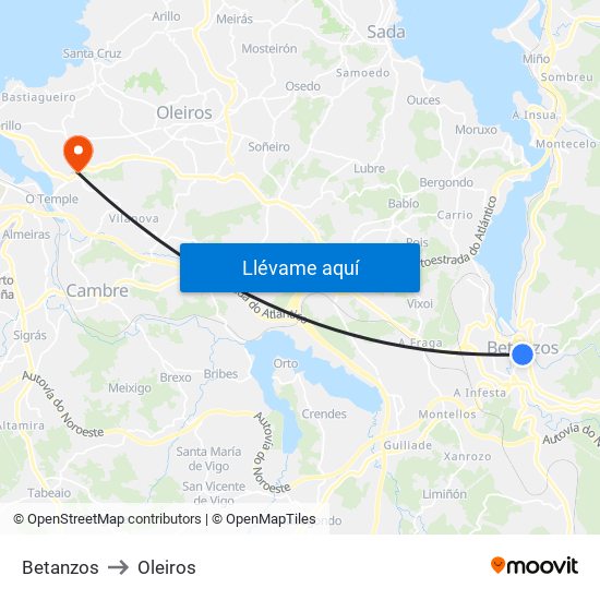 Betanzos to Oleiros map