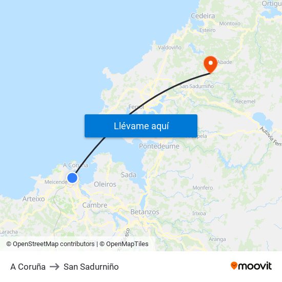 A Coruña to San Sadurniño map