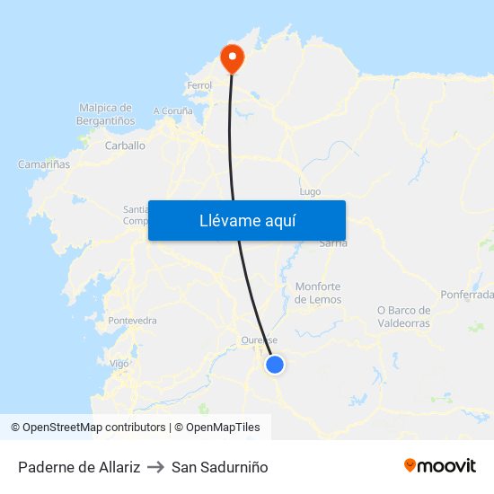 Paderne de Allariz to San Sadurniño map