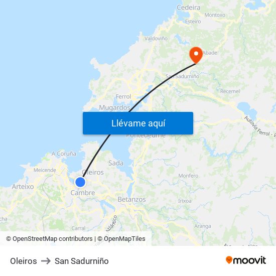 Oleiros to San Sadurniño map