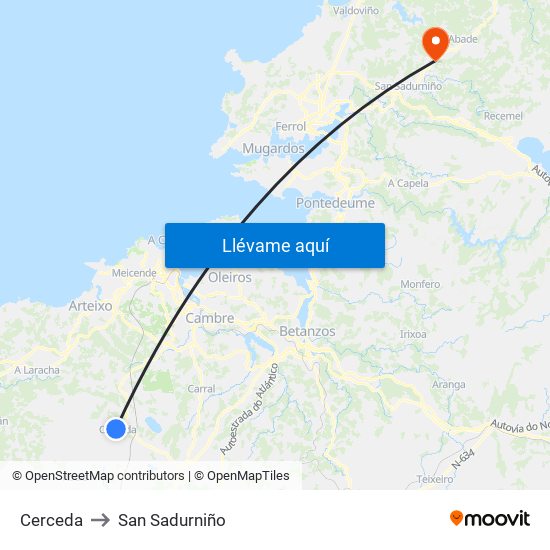 Cerceda to San Sadurniño map