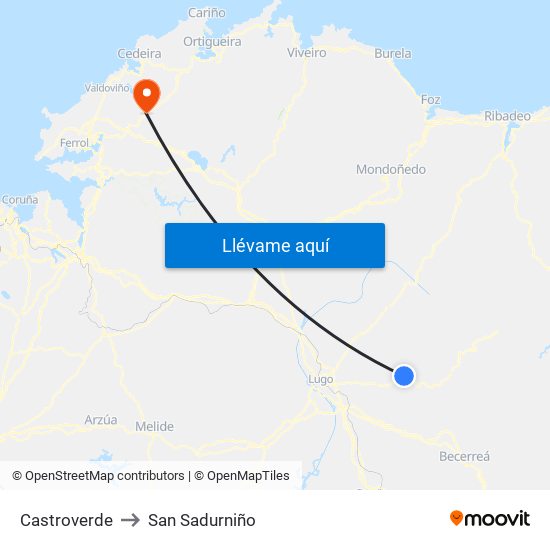 Castroverde to San Sadurniño map
