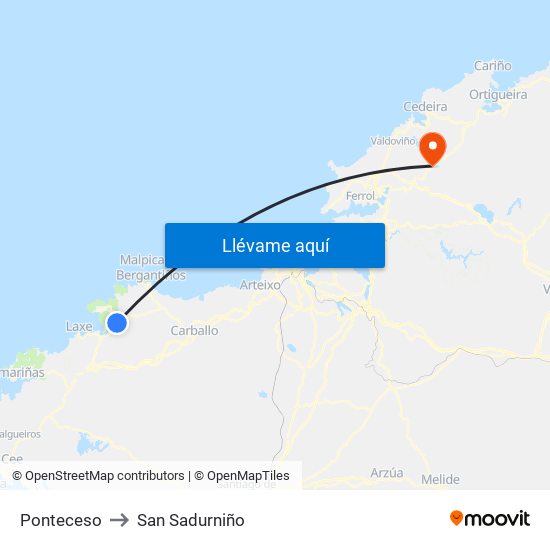Ponteceso to San Sadurniño map
