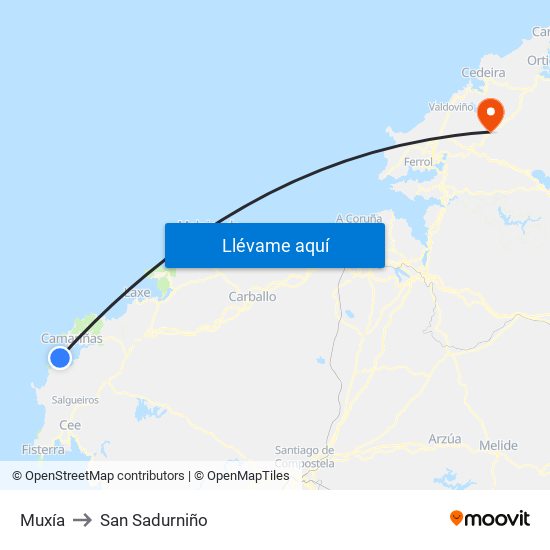 Muxía to San Sadurniño map