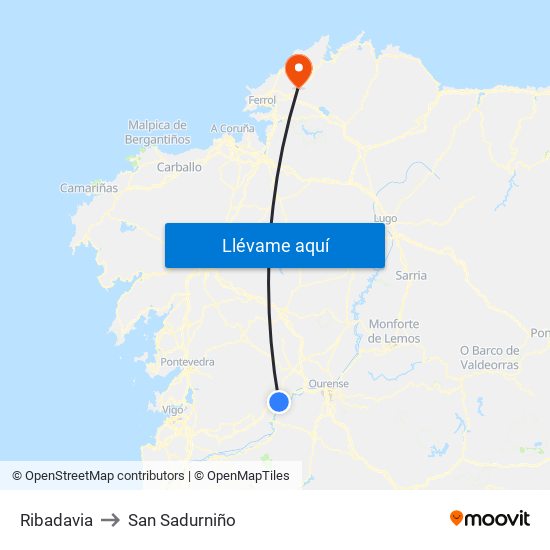 Ribadavia to San Sadurniño map