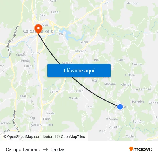 Campo Lameiro to Caldas map