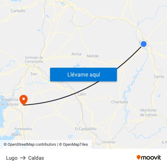 Lugo to Caldas map