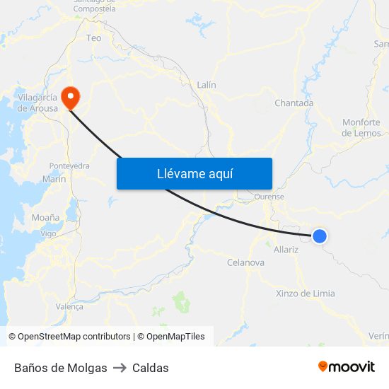 Baños de Molgas to Caldas map