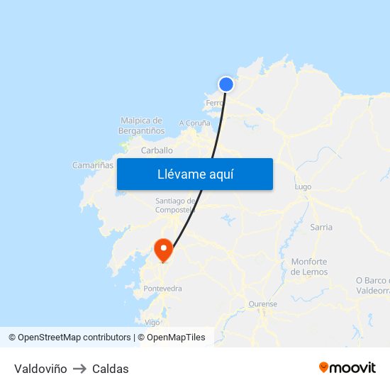 Valdoviño to Caldas map