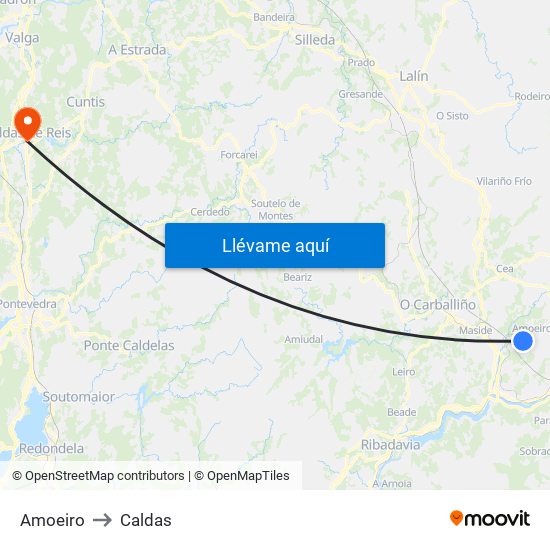 Amoeiro to Caldas map