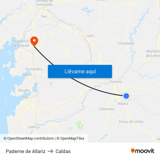 Paderne de Allariz to Caldas map
