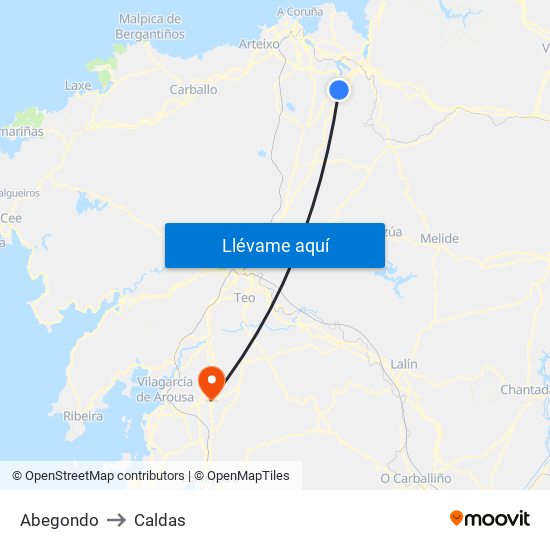 Abegondo to Caldas map