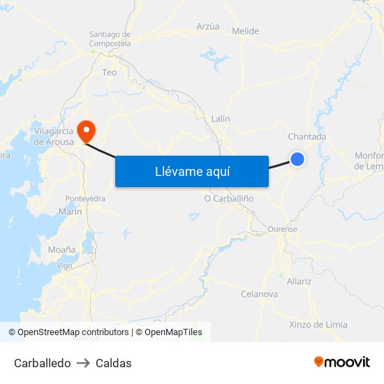 Carballedo to Caldas map