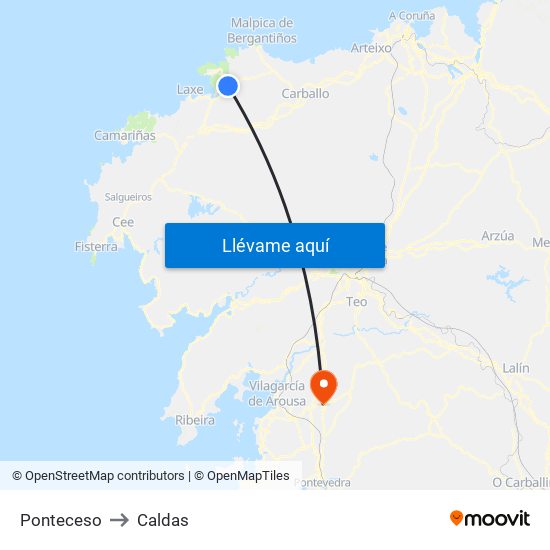 Ponteceso to Caldas map