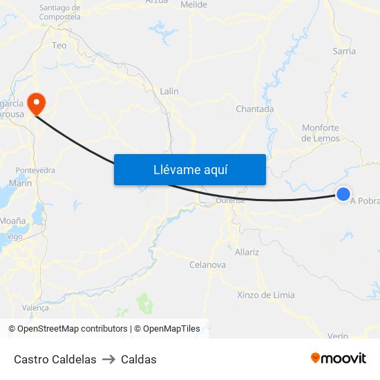 Castro Caldelas to Caldas map