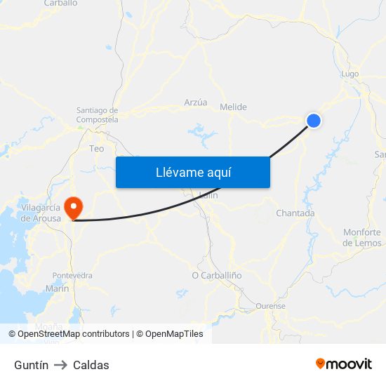Guntín to Caldas map