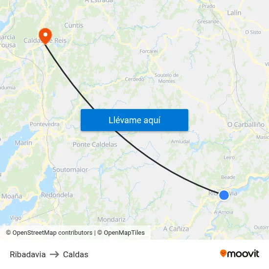 Ribadavia to Caldas map